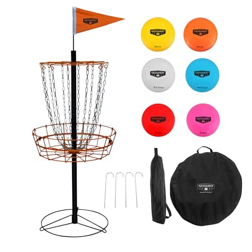 Hathaway 6-Player Disc Golf Set for Family - Frisbee Golf Basket with Weighted Discs, Sturdy Pole & Base, Chains, Anchors, Flag, Carry Bag - Complete Frisbee Golf Discs Set