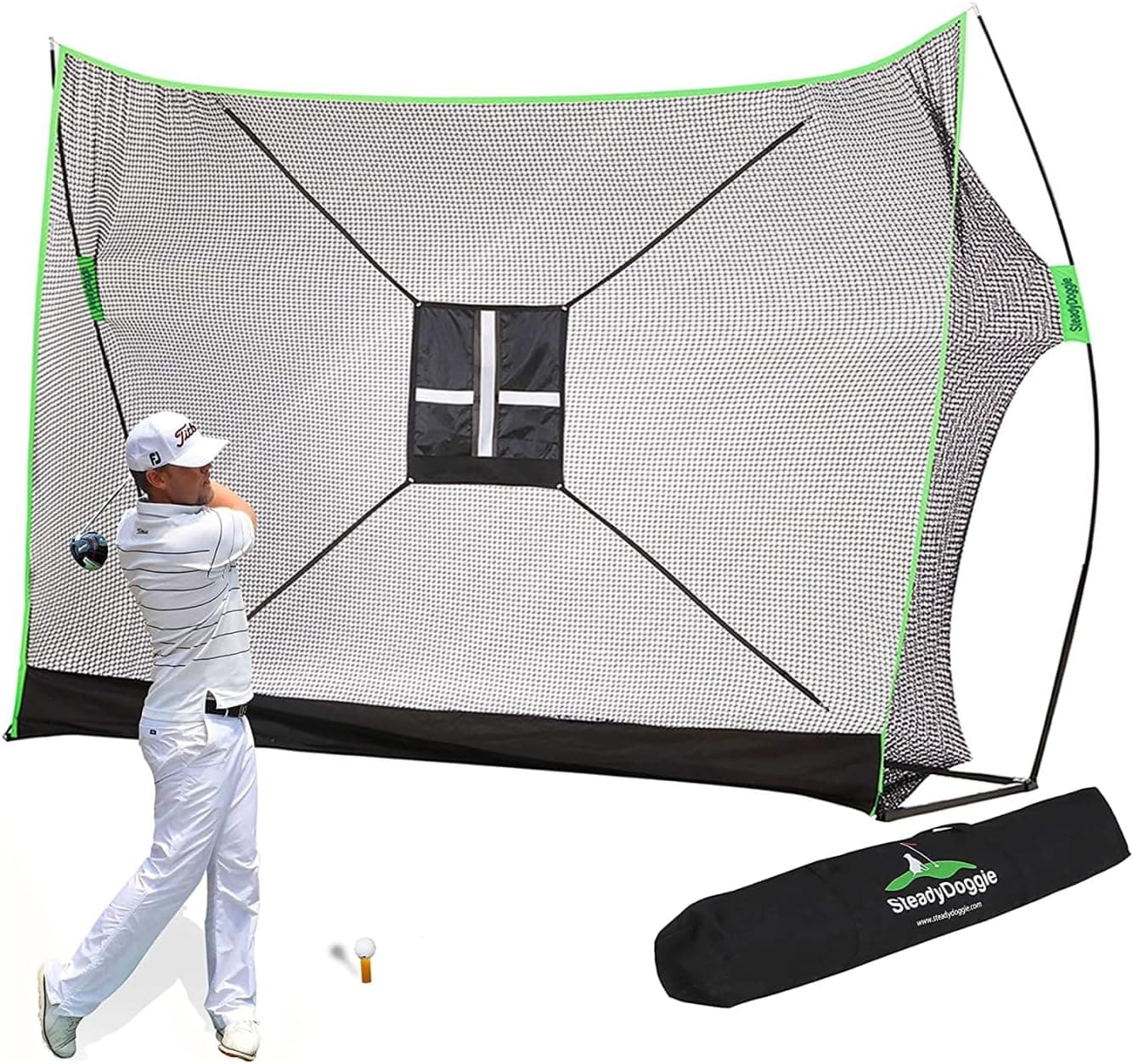 SteadyDoggie Golf Practice Net - 10 x 7 Ft Golf Hitting Net for Backyard with Dual-Turf Mat - Chipping Target and Carry Bag - Portable Screen for Indoor Or Outdoor Practice - for All Skill Levels