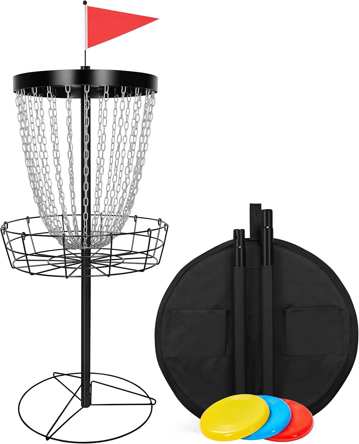 Topeakmart Portable 24 inch Chain Disc Golf Basket with 3 Flying Discs - Steel Target Goal for Practice, Black