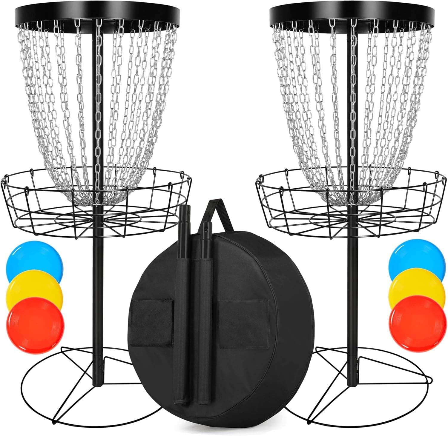 Yaheetech 2pcs 24-Chain Disc Golf Basket with Discs and Carrying Bag, Heavy Duty Portable Disc Golf Target Goal, Black