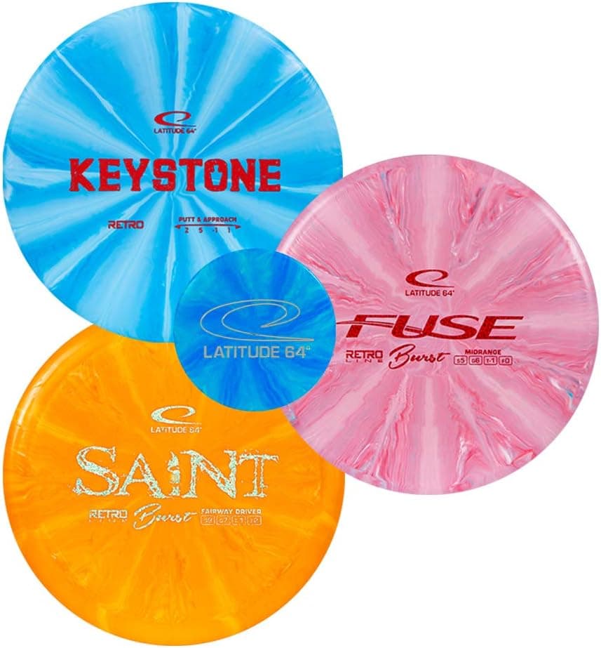 Latitude 64 Retro Burst Beginner Disc Golf Set (3-Pack) - Keystone, Fuse, Saint plus Mini, Grippy Base Plastic