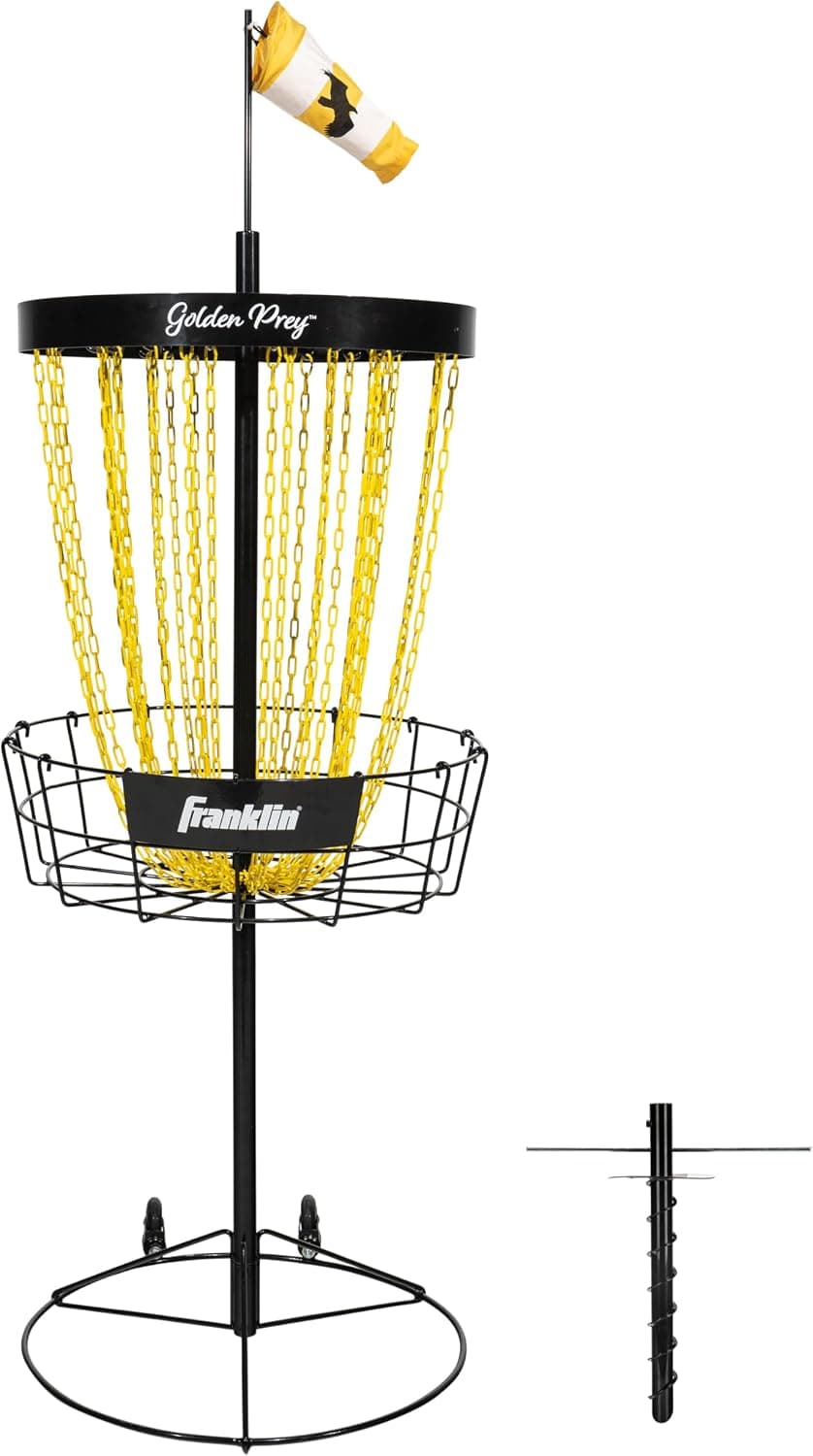 Franklin Sports Championship Disc Golf Basket - Golden Prey PDGA Target | Backyard + Park Play, Steel Chain Catch System, Reinforced Canvas Netting, Tool-Free Quick Assembly, For All Skill Levels
