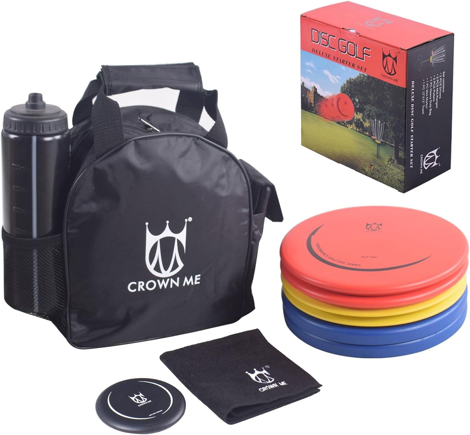 CROWN ME Disc Golf Starter Set - Bag with Water Bottle Pocket, 2 Drivers, 2 Mid-Ranges, 2 Putters, Mini Disc Marker and Towel