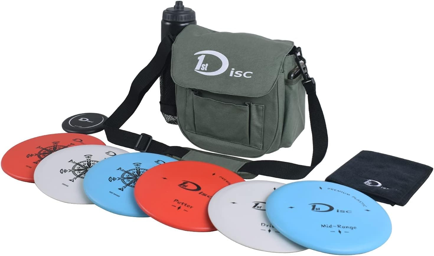 Disc Golf Set - Heavy Duty Nylon Carry Bag, 2 Drivers, 2 Mid-Ranges, 2 Putters, Mini Disc Marker and Embroidered Logo Towel