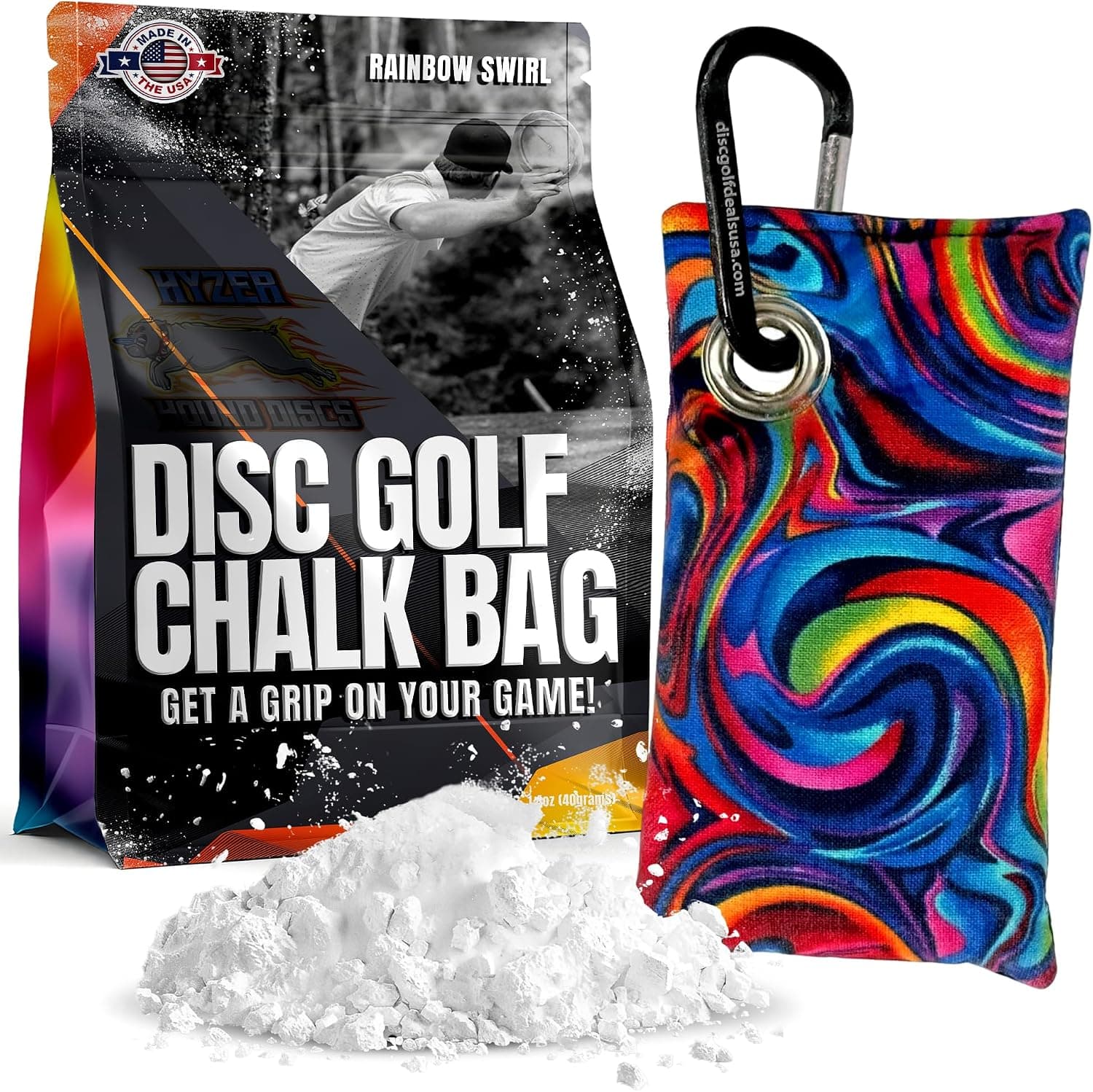 Disc Golf Chalk Bag with Carabiner - Disc Grip Enhancer (Rainbow Swirl)