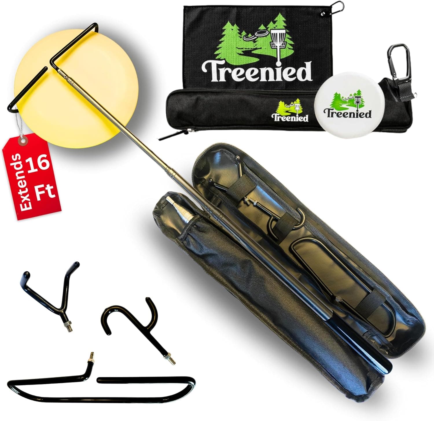 Treenied Disc Golf Retriever Pole 16 Feet - Grabber Tool with 3 Hooks, Towel and Case