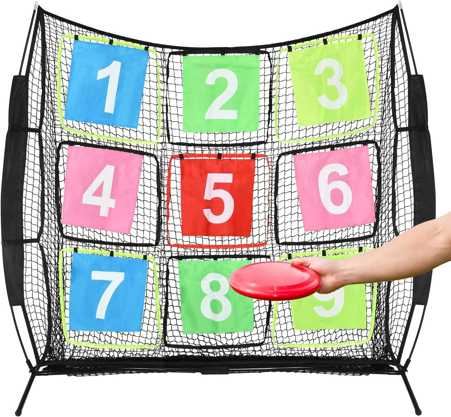 FLOLXNB Disc Golf Training Net with 9 Targets - Portable Multifunctional Practice Net for Backyard, Indoor, Outdoor Game, 7ft x 7ft