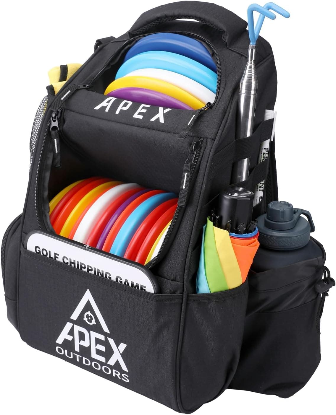 Apex Outdoors Disc Golf Bag - Large Disc Golf Backpack Holds Over 21 Discs with Multiple Storage Pockets and Retriever Holder