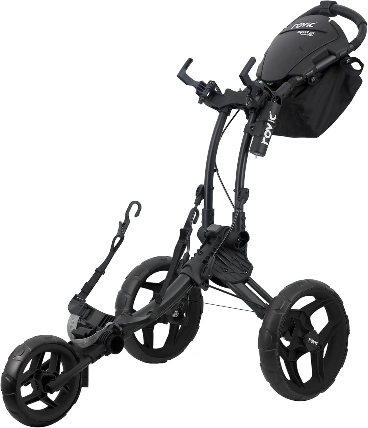 Clicgear Rovic RV1D 2.0 Disc Golf Push Cart - 3-Wheel, Fits All Disc Golf Backpacks (Charcoal/Black)