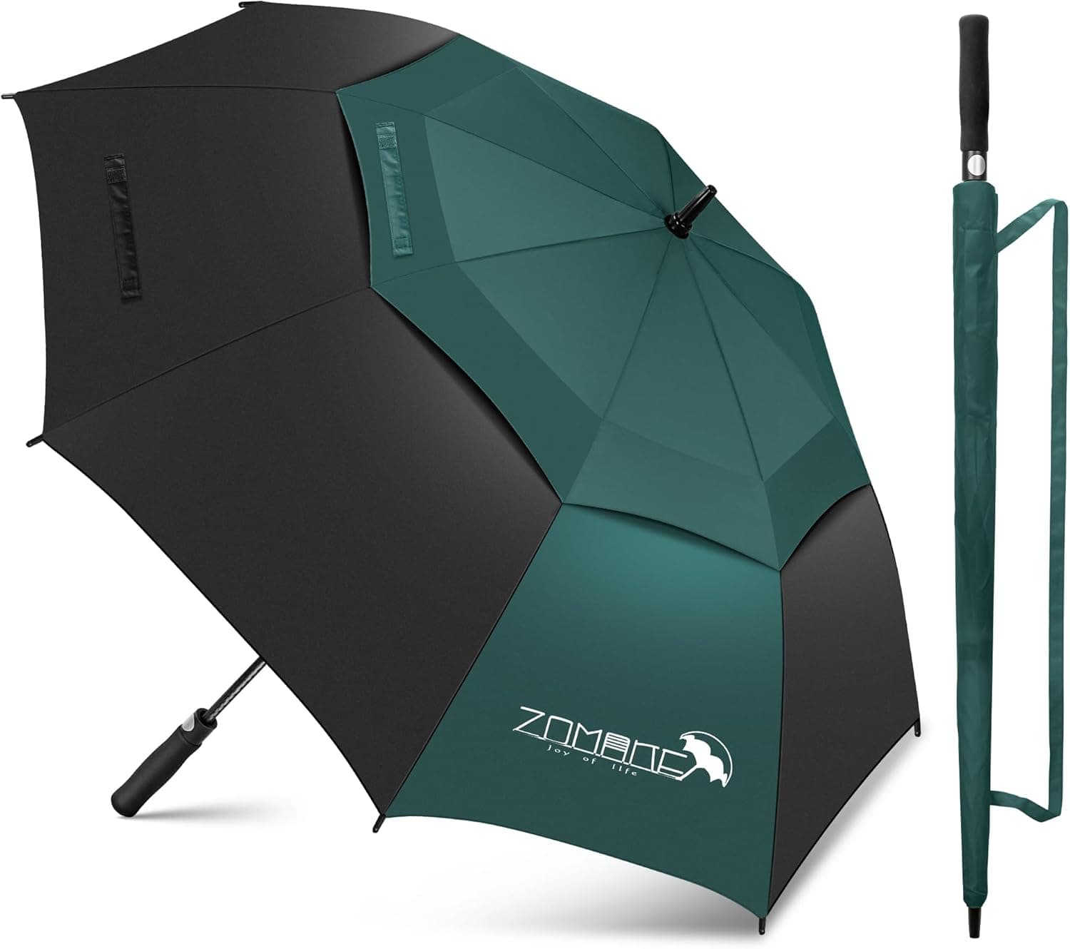 ZOMAKE 62 Inch Large Golf Umbrella, Windproof Heavy Stick Umbrella, Automatic Open, Double Canopy Vented, Black and Dark Green