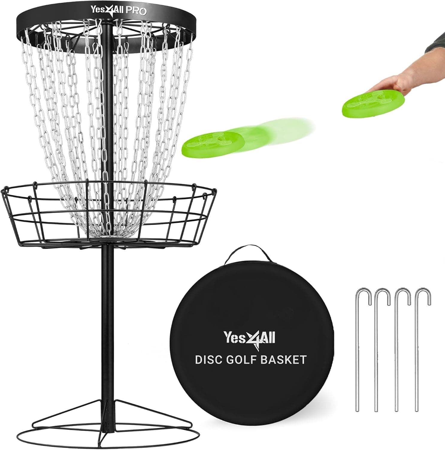 Yes4All Metal Portable Disc Golf Basket with 24 Heavy-Duty Chains - Regulation-Size Target for Practice & Competition, Stable Steel Base, Rust-Resistant Finish, Easy Assembly Portable