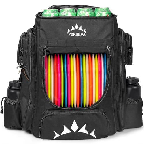 PERSEVA Lightweight Frisbee Disc Golf Bag with Cooler for Large Storage - Disc Golf Carry Bag with Comfortable Strap, Extra Padding & Multiple Pockets for Water Bottles, 18 Frisbee Disk, 12 Cans
