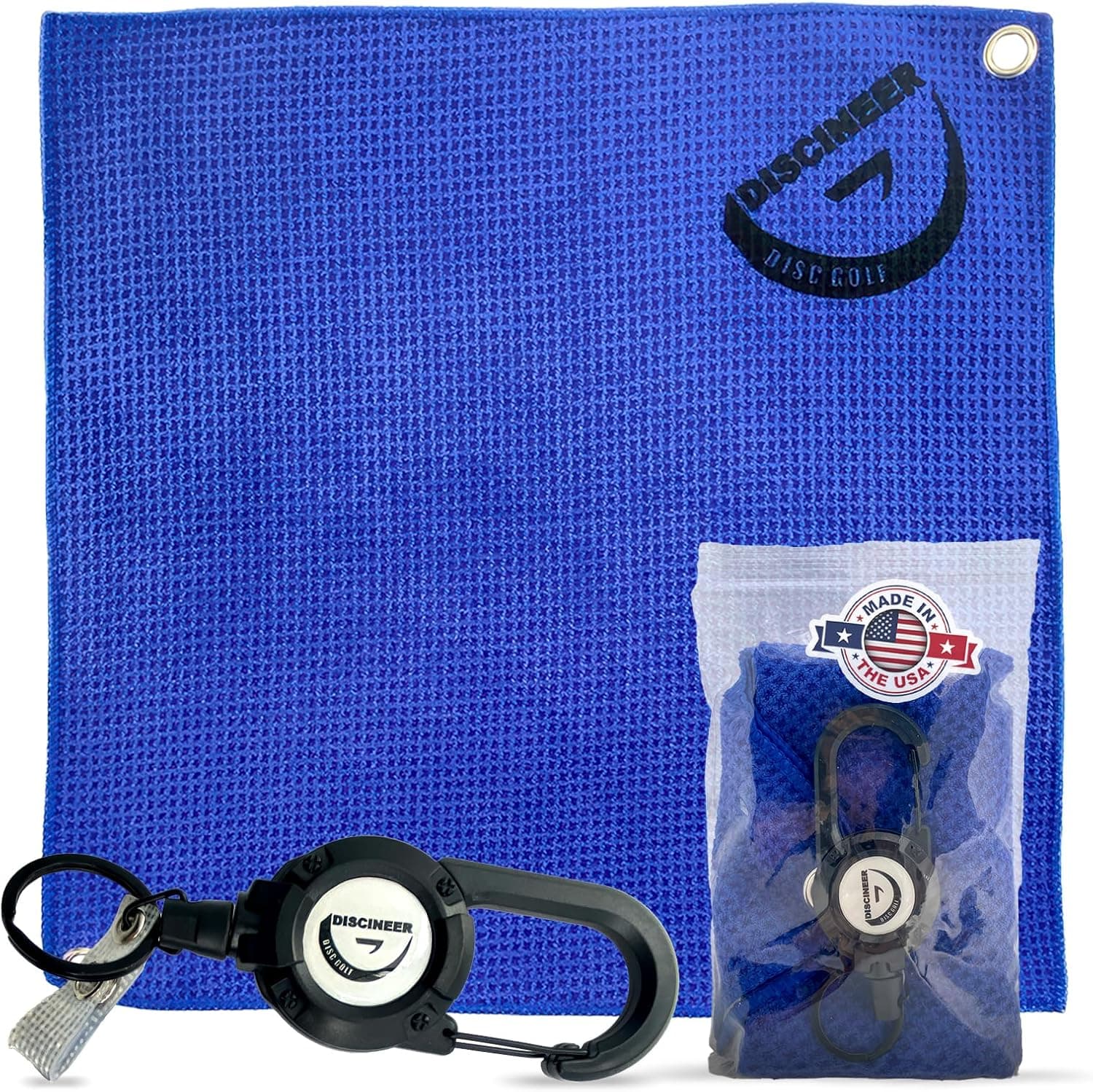 Discineer Premium Waffle Weave Microfiber Towel for Disc Golf (16 x 16 in) with Heavy Duty Clip