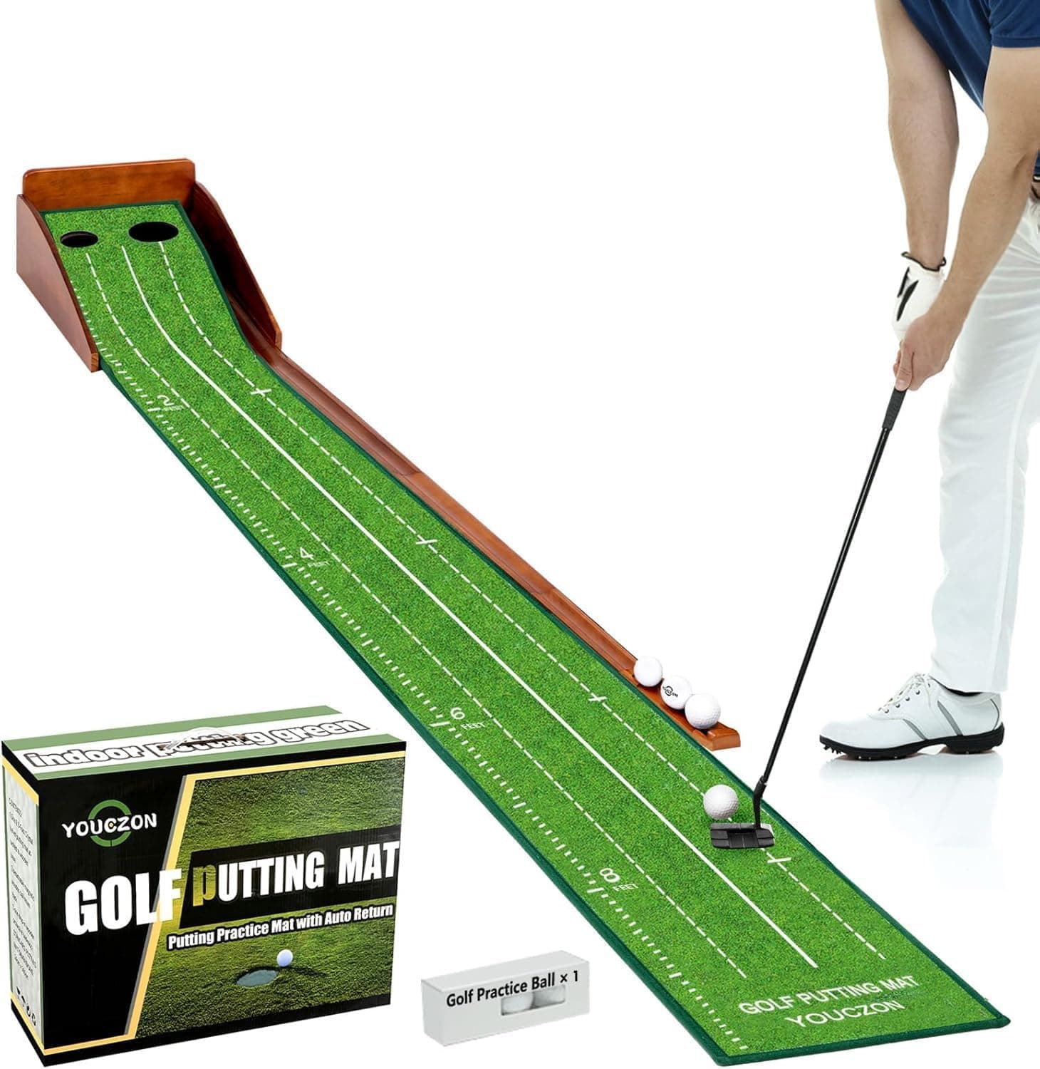 YOUCZON Golf Putting Mat & Training Aid, Putting Green Indoor (Two Holes) | Putting Mat Auto Ball Return-Wood Base Easy to Install, Luxurious Velvet Mat Surface for Home & Outdoor, Golf Gifts for Men